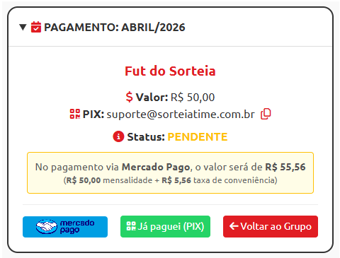 Pagamento profissional: seu jogador paga via PIX ou cartão e a baixa é automática